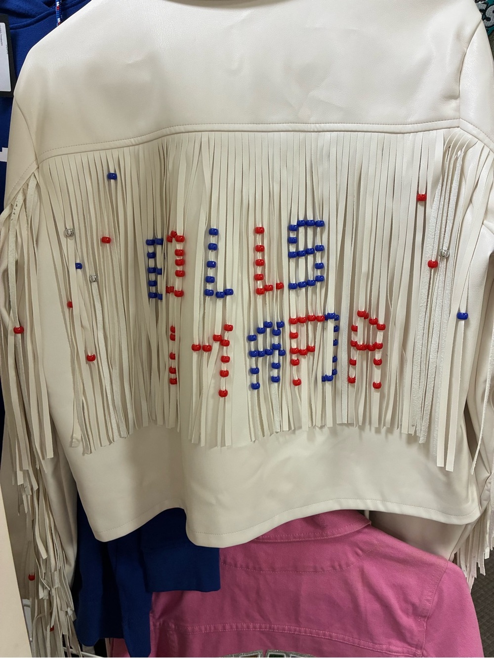 GO BILLS!
Cream Fringe Jacket with Red & Blue Bead Detailing